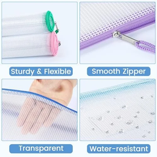 Sooez 20 Pack Mesh Zipper Pouch Bags - A4 Letter Size, Zipper Bags with Label Pocket, Waterproof Pouches for Classroom Organizer, Board Game Toy