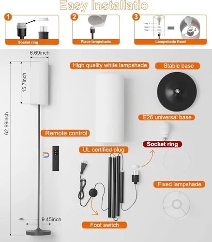 luckystyle Dimmable Floor Standing Tall Lamp, 12W Led Bulb with Lampshade, Foot Switch, Remote Custom Color Temperature Pole for Bedroom, Office