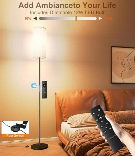 luckystyle Dimmable Floor Standing Tall Lamp, 12W Led Bulb with Lampshade, Foot Switch, Remote Custom Color Temperature Pole for Bedroom, Office