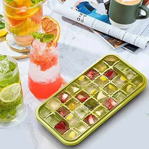 Ice Cube Tray with Lid and Bin, 2 Pack Ice Cube Trays for Freezer, 64 Pcs Ice Cube Mold, Press Button Easy Release Ice Tray, Small Ice Cubes Maker