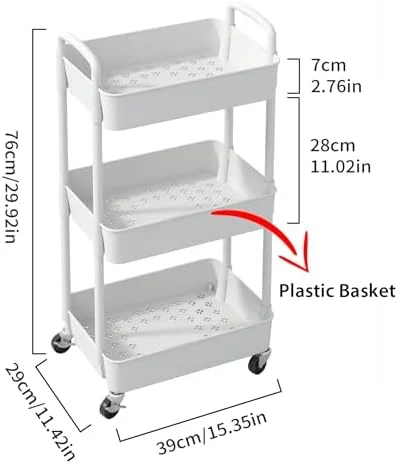 Sywhitta 3-Tier Plastic Rolling Utility Cart with Handle, Multi-Functional Storage Trolley for Office, Living Room, Kitchen, Movable Storage