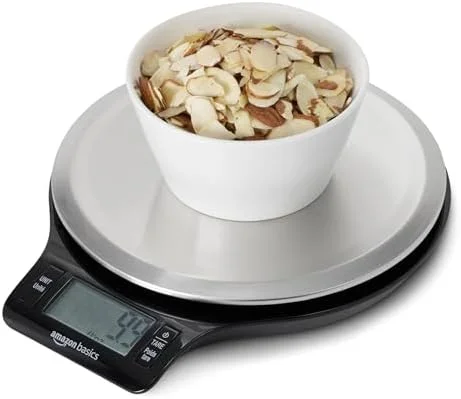 Amazon Basics Digital Kitchen Scale with LCD Display - Tare Function, Multiple Units, Weighs up to 11 Pounds, Batteries Included, Black and Stainless