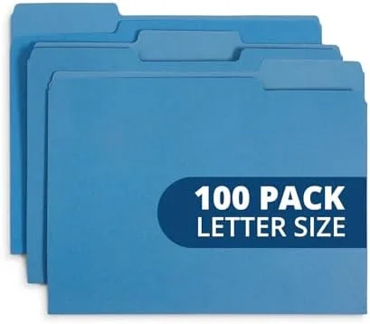 File Folder - 1/3 Cut Tab, Letter Size, Blue, Great for Organizing and Easy File Storage, 100 Per Box
