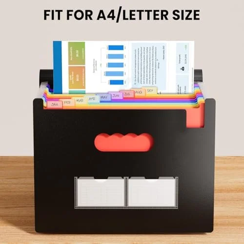 Sooez Accordion File Organizer, 13 Pockets Expanding File Folder, Portable Monthly Paper Bill Tax Receipt Organizer, Letter A4 Size Document Holder