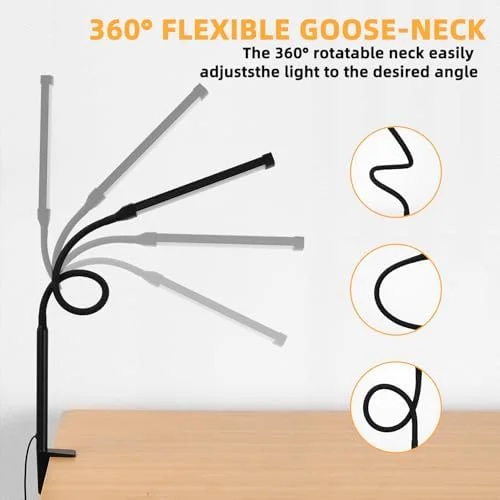 Voncerus LED Desk Lamp with Clamp - Eye-Caring Clip on Lights for Home Office, 3 Modes 10 Brightness, Long Flexible Goose-Neck, Metal, Swing Arm