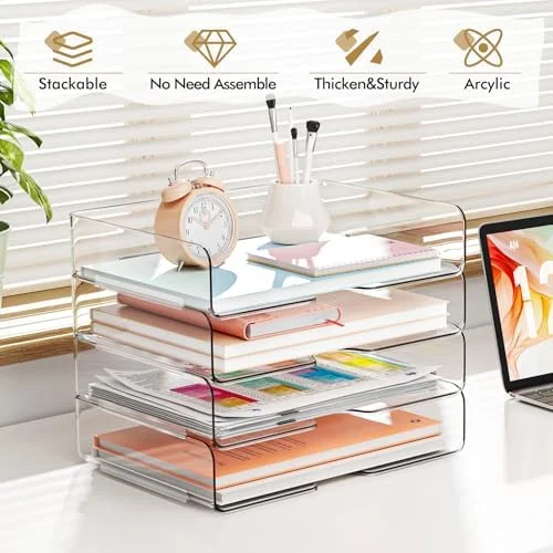 YKLSLH 4 Trays Paper Organizer Letter Tray - Acrylic Desk File Organizer, Stackable Clear Paper Holder Sorter Office Organizer for Letter/A4, Office