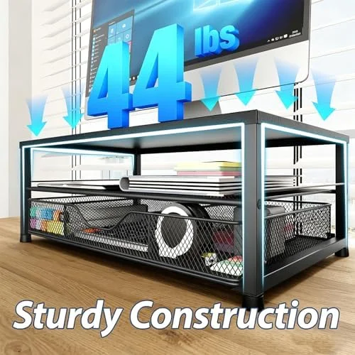 OPNICE Desk Organizer and Accessories, 2-Tier Computer Monitor Stand Riser with Drawer and 2 Pen Holders, Laptop Stand, Office Desk Accessories for