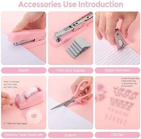 SKYDUE Pink Office Desk Accessories - Pink Office Supplies, Stapler, Tape Dispenser, Scissors, Clips and 1000pcs Staples, Office Supplies for Desk for