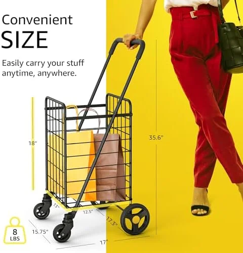 Our Modern Space Shopping Cart & 360° Swivel Wheels - Foldable Collapsible & Lightweight, Perfect for Groceries Laundry Utility Cart - Black