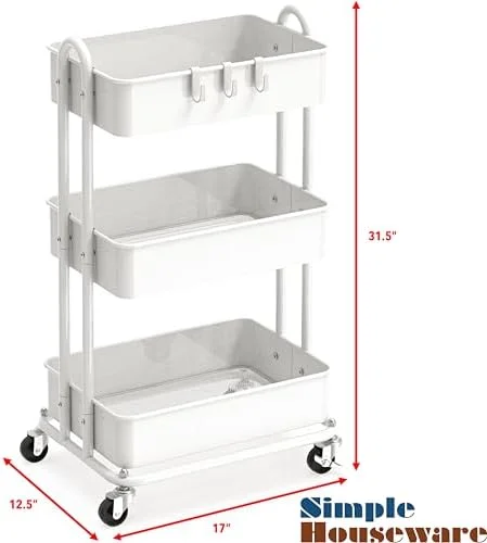 Simple Houseware 3-Tier Heavy Duty Metal Utility Rolling Cart, White