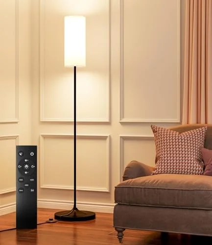 luckystyle Dimmable Floor Standing Tall Lamp, 12W Led Bulb with Lampshade, Foot Switch, Remote Custom Color Temperature Pole for Bedroom, Office