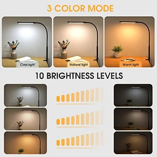 Voncerus LED Desk Lamp with Clamp - Eye-Caring Clip on Lights for Home Office, 3 Modes 10 Brightness, Long Flexible Goose-Neck, Metal, Swing Arm