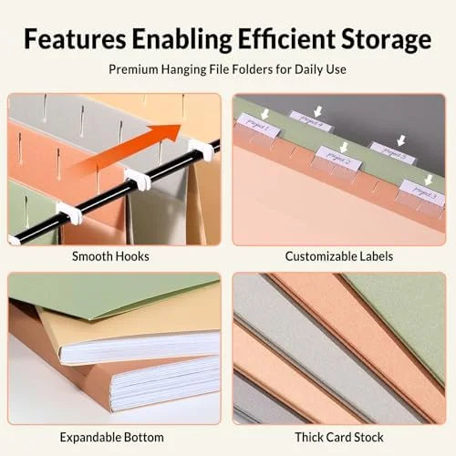 SUNEE 25 Count Hanging File Folders - Pastel Colors, Hanging File Folders Letter Size, Hanging Folders with 1/5-cut Tabs, Designed for Bulky Files