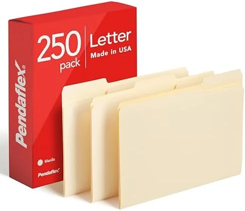 Pendaflex File Folders, 250 Bulk Pack, Durable Manila Folders, Letter Size (8.5" x 11"), 3 Tabs for Easy Labeling, Everyday Filing Essential for