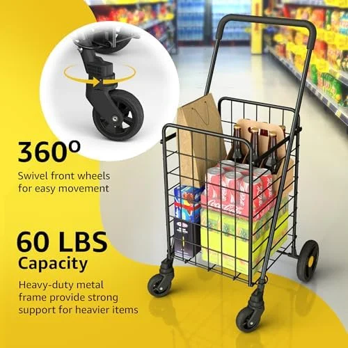 Our Modern Space Shopping Cart & 360° Swivel Wheels - Foldable Collapsible & Lightweight, Perfect for Groceries Laundry Utility Cart - Black