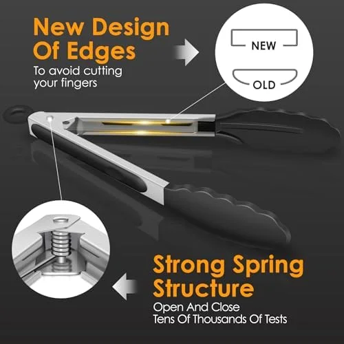 HOTEC Premium Stainless Steel Locking Kitchen Tongs with Silicon Tips, Set of 2-9" and 12"