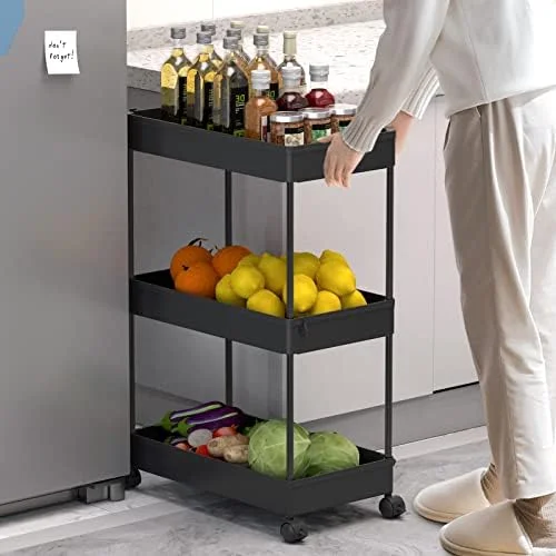 SPACELEAD 3 Tier Rolling Cart with Wheels, Storage Craft Art Trolley Organizer Serving, 3 Hanging Baskets Easy Assembly, for Office, Bathroom，Living