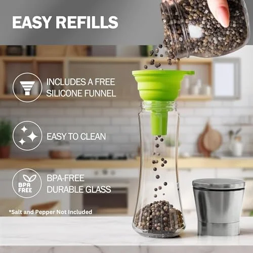 Home EC Premium Stainless Steel Sea Salt and Pepper Grinder Set of 2 - Adjustable Ceramic - Tall Glass Salt and Pepper Shakers - Kitchen Spice Mill