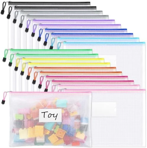 Sooez 20 Pack Mesh Zipper Pouch Bags - A4 Letter Size, Zipper Bags with Label Pocket, Waterproof Pouches for Classroom Organizer, Board Game Toy