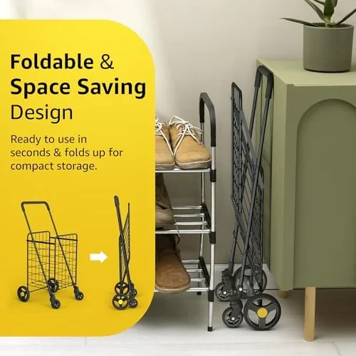 Our Modern Space Shopping Cart & 360° Swivel Wheels - Foldable Collapsible & Lightweight, Perfect for Groceries Laundry Utility Cart - Black